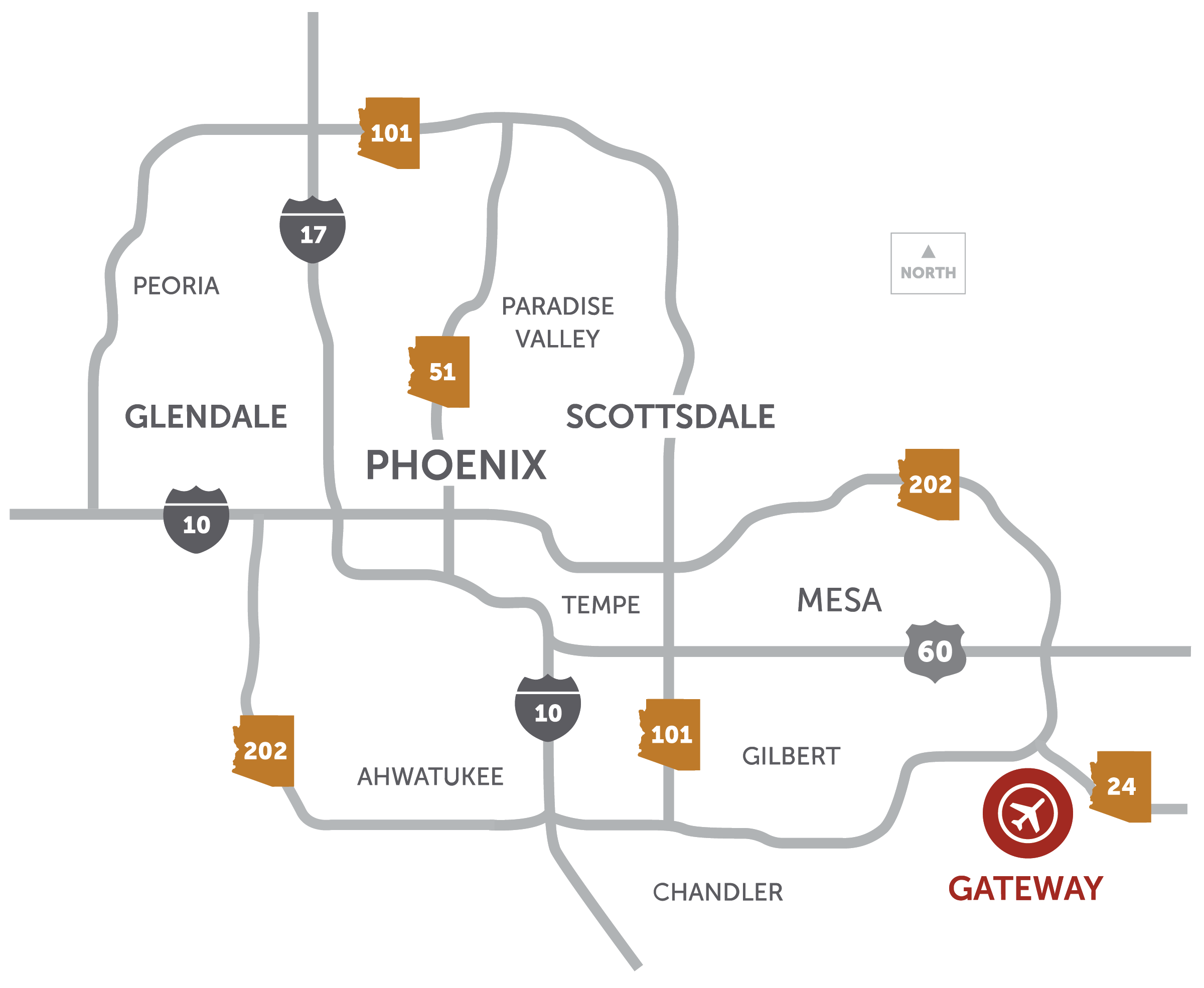 Map of the Phoenix metro area showing Gateway Airport in the southeast, near Mesa and Gilbert
